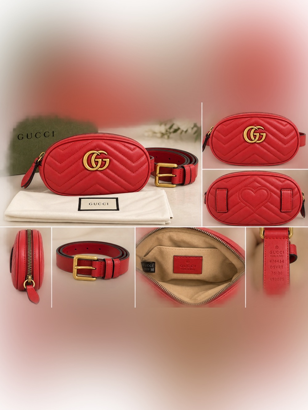 Authentic Gucci GG Marmont Matelassé Red Leather Belt Bag + Box & Dust Bag